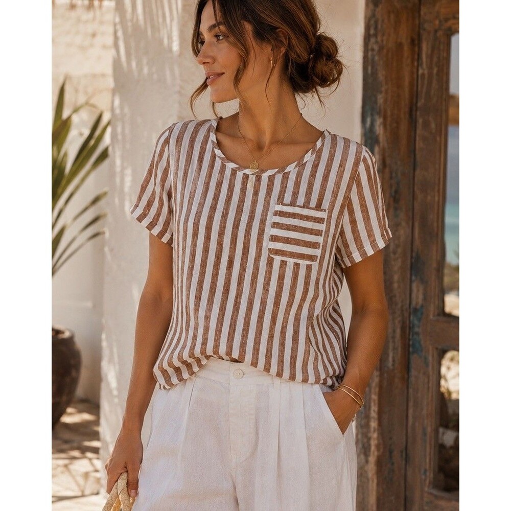 Artisanny 100% Linen Striped Top Women Small Brown White Short Sleeve Relaxed